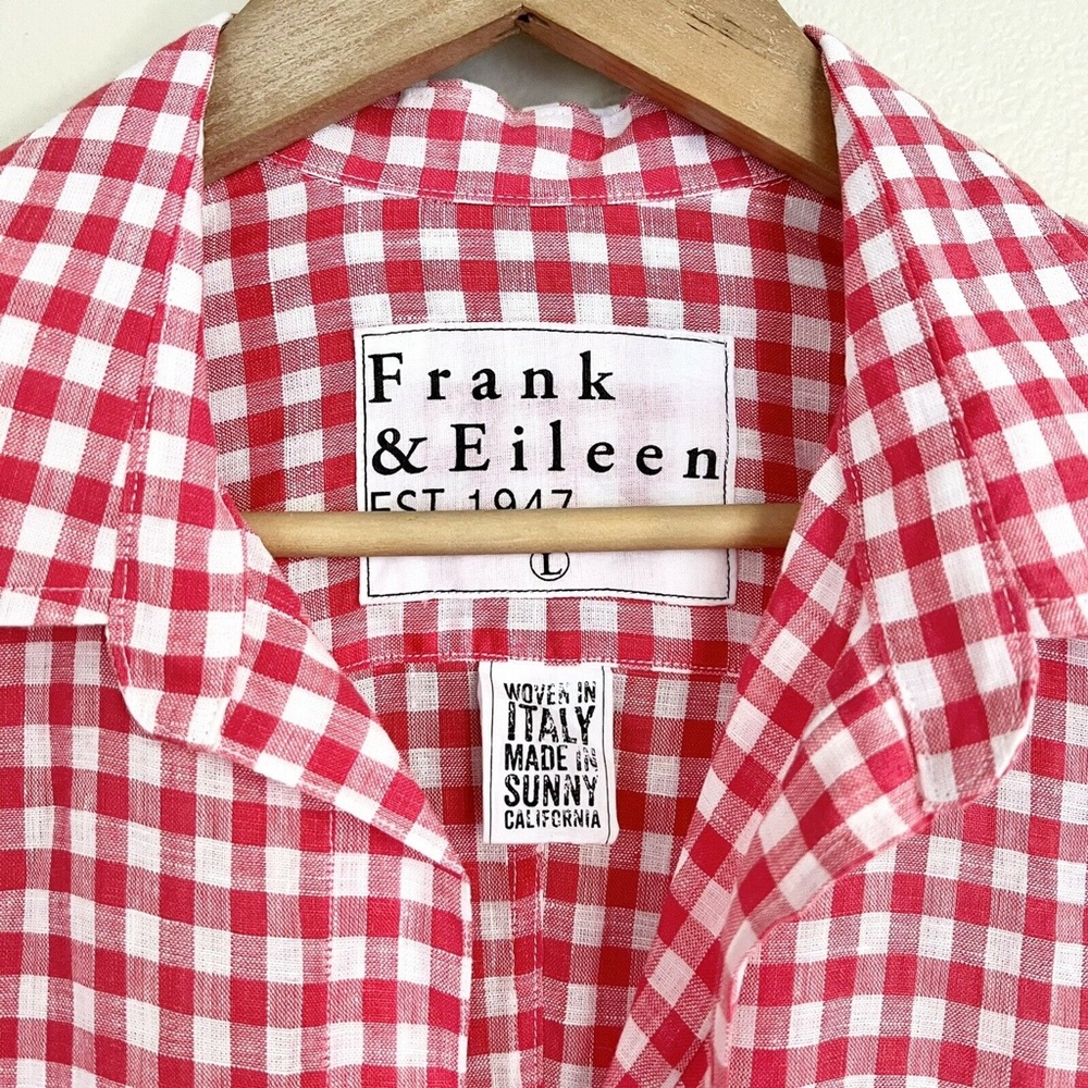 FRANK & EILEEN Barry 100% Linen Button Down Shirt in Hot Pink Check - Picture 3 of 7